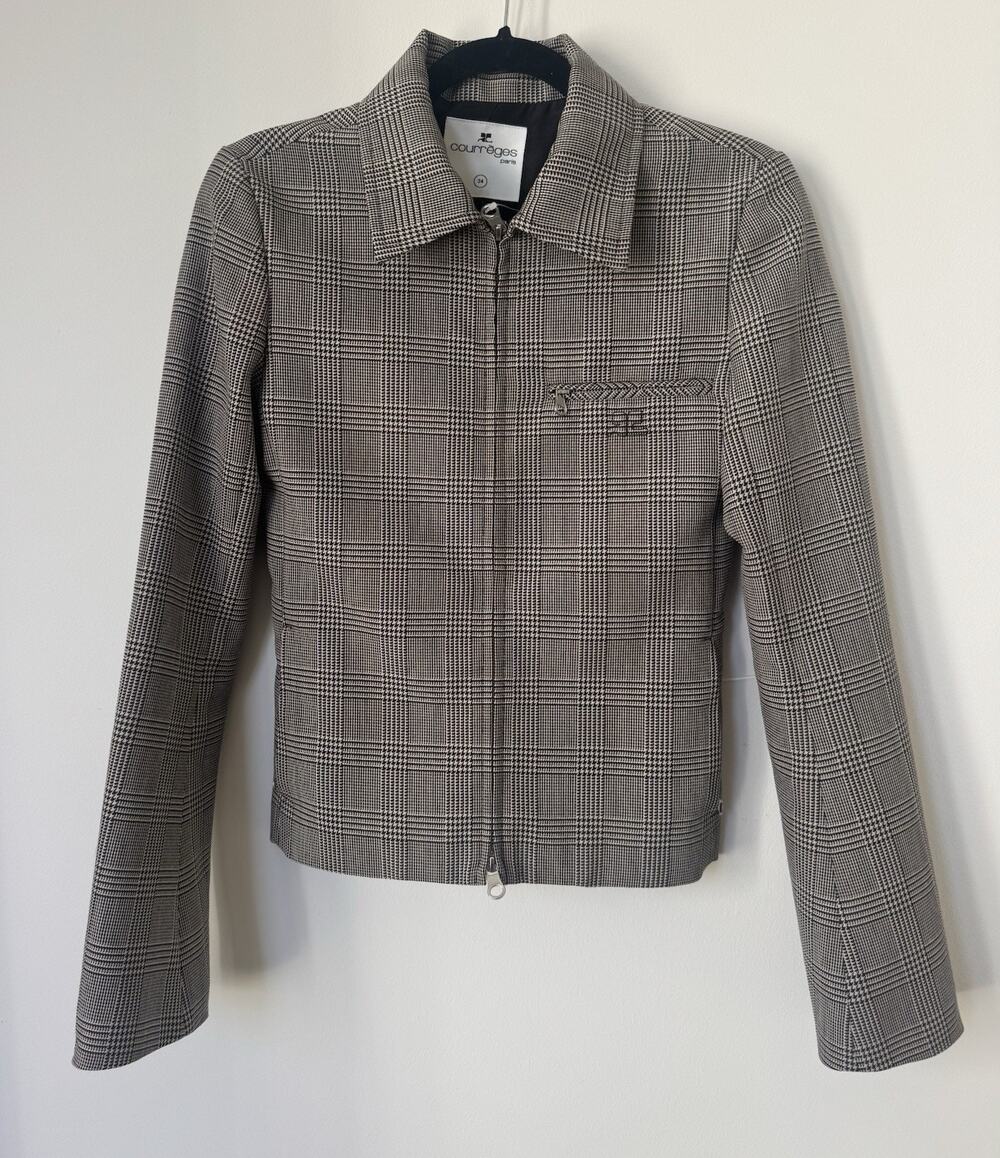 $1700 Courréges Prince of Wales Check Wool-Blend Jacket Brown Plaid XS 34